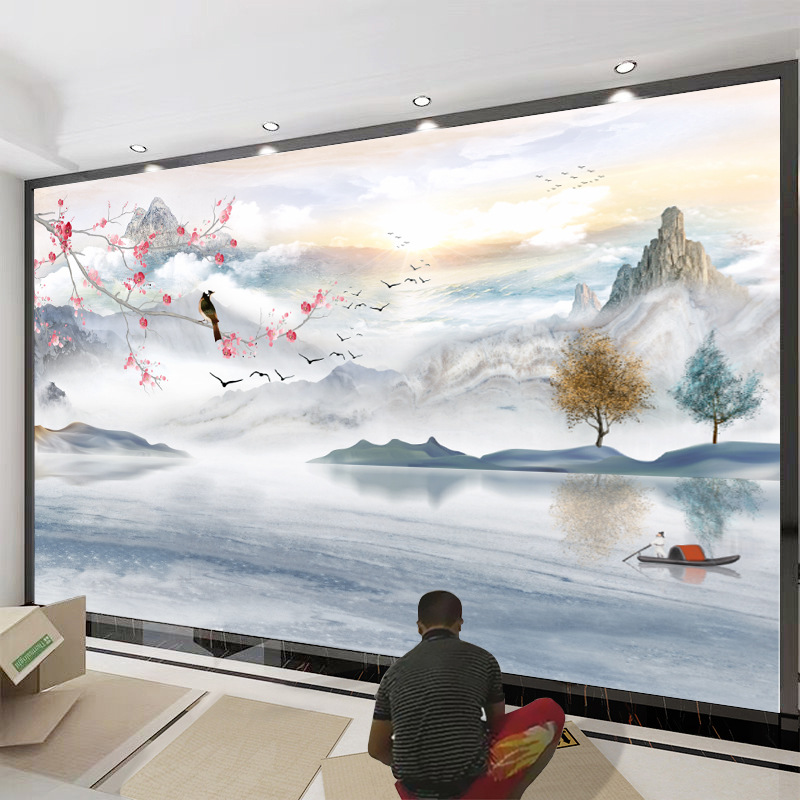 8d山水大气电视背景墙壁纸自粘3d立体墙贴客厅墙纸墙画5d贴画墙布