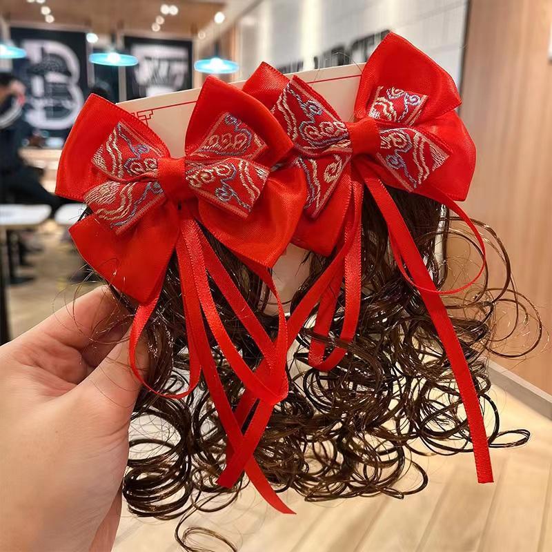 中国风红色蝴蝶结飘带发夹女童古风汉服珍珠发卡假发辫过年头饰