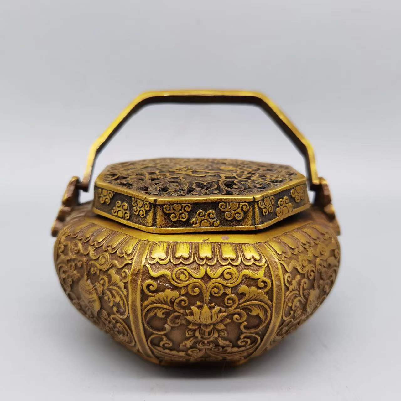 古董古玩仿古纯铜加厚黄铜八面手炉香炉香薰炉居家乡下收藏老物件