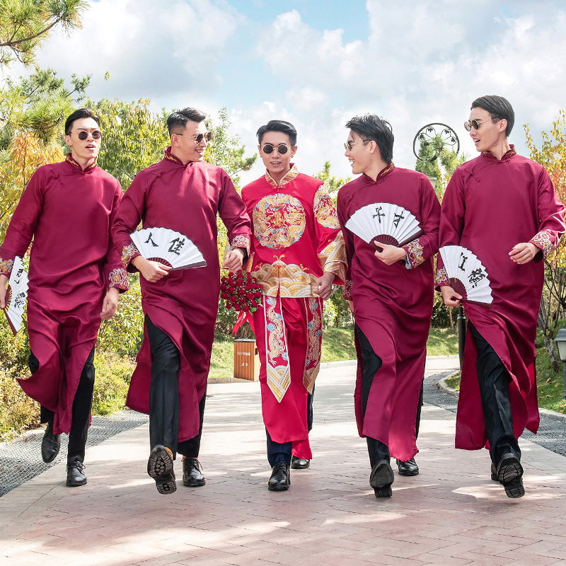 中式婚礼伴郎伴娘服装男士长衫兄弟团礼服结婚国风唐装大褂马褂