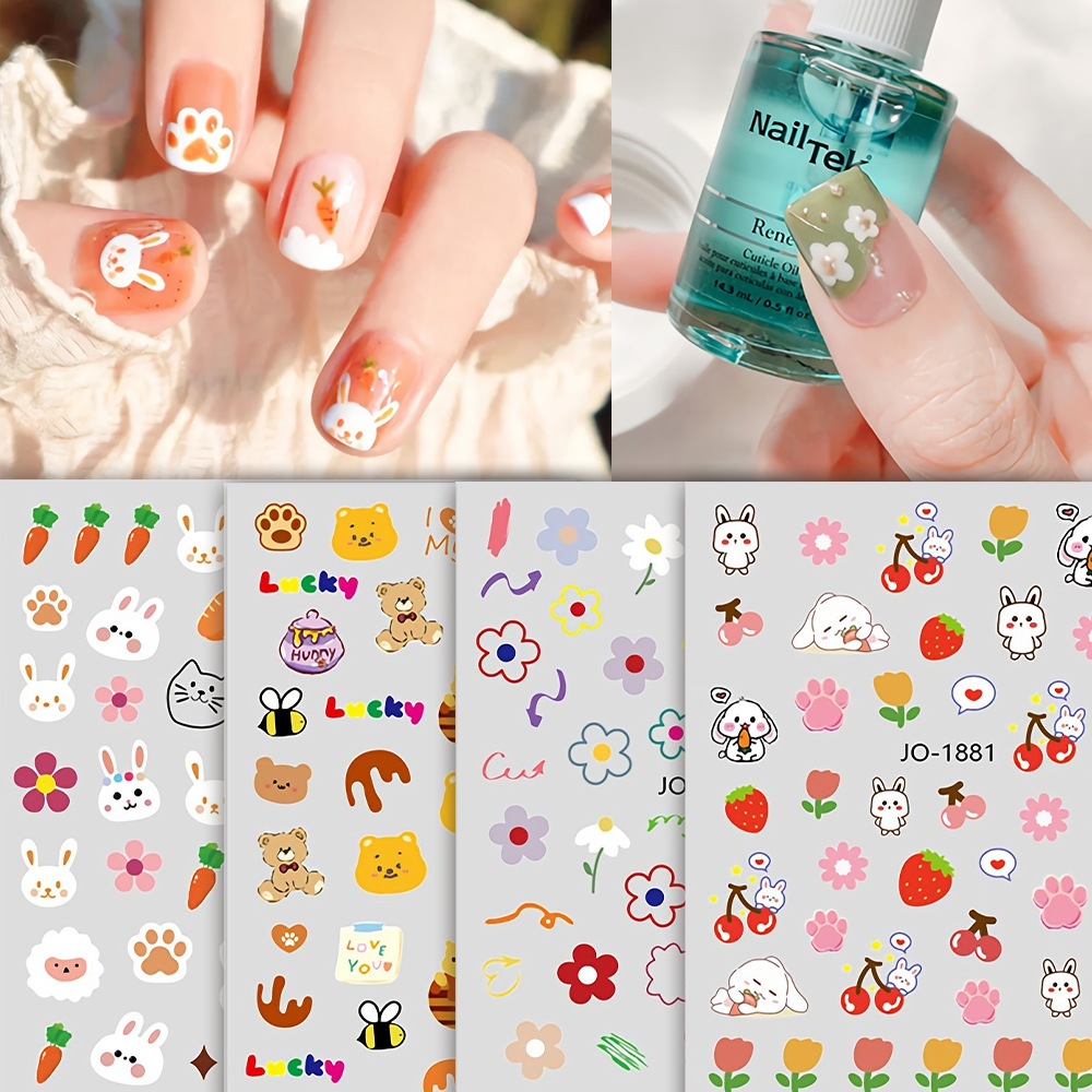 Cute Pretty Girl Nail Stickers Paper Cartoon Bear Rabbit Nail Sticker Paper Net Red Summer Flower Nail Stickers Wholesale