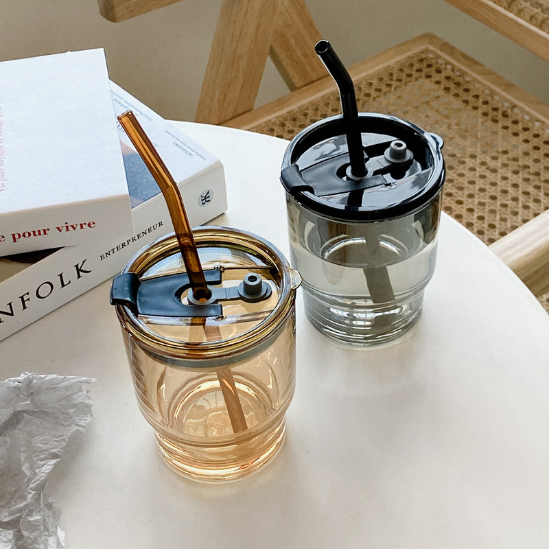 Thermal Transfer Printing Cold Extraction Coffee Cup Ins Style Brown Bamboo Joint Cup with Straw Glass with Lid Internet Sensation Milk Tea Water Cup
