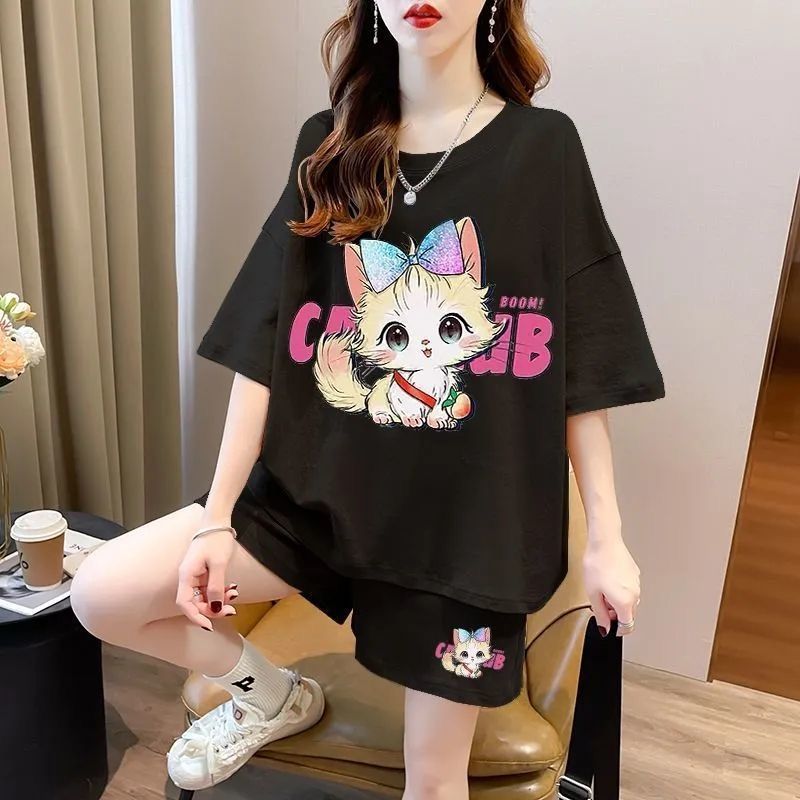 洋气减龄加大码短袖短裤时尚套装女夏季宽松卡通休闲运动穿搭套装