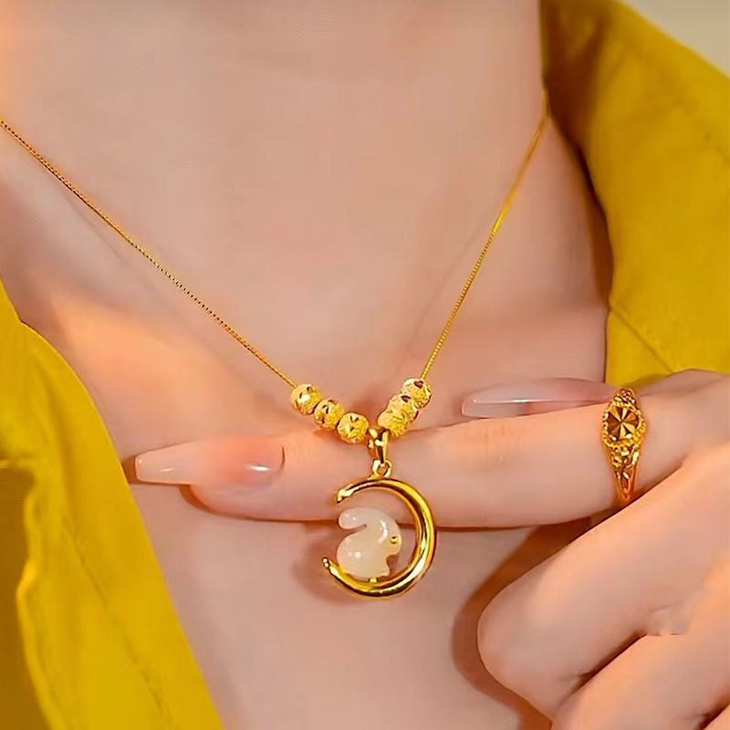 Tiktok Same Style Red Agate Cross Chain Women's Fairy Curling Golden Moon Rabbit Zodiac Jade Hare Look