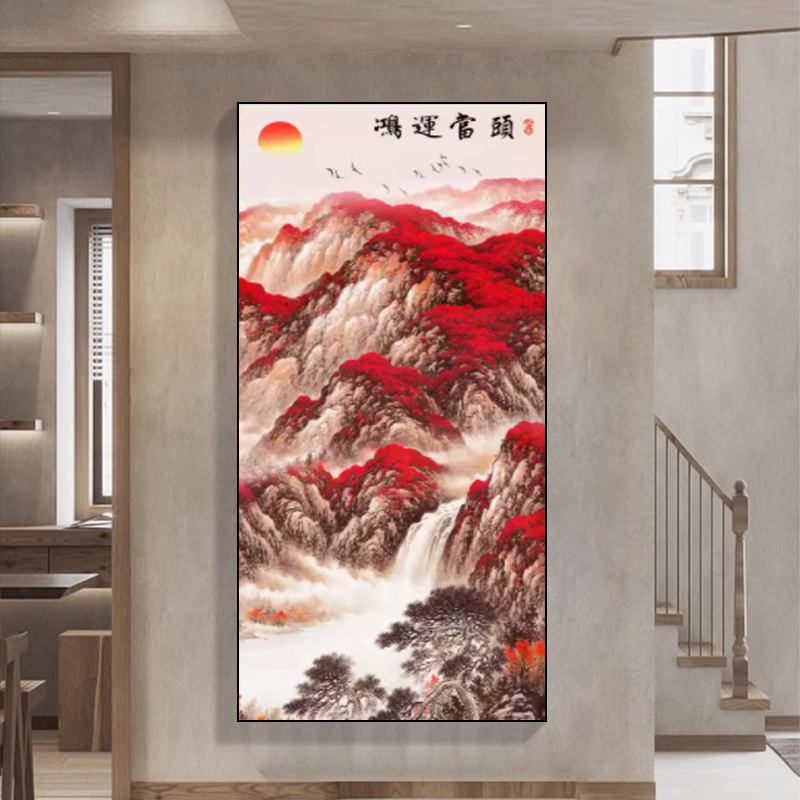 鸿运当头玄关画入门壁画新中式装饰画走廊过道尽头山水画竖版挂画