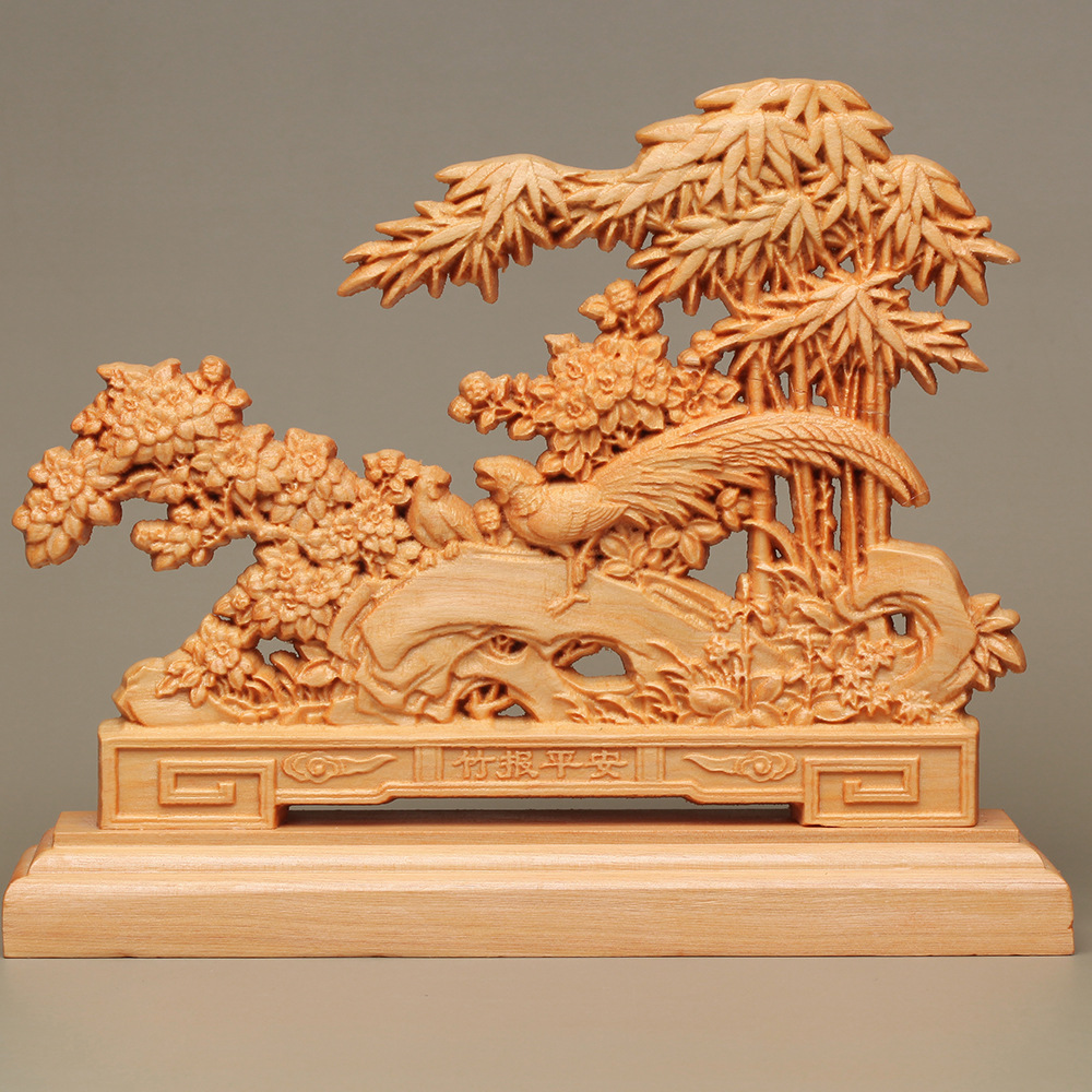 崖柏木雕竹报平安办公室茶室客厅欣欣向荣工艺复古木制品摆件