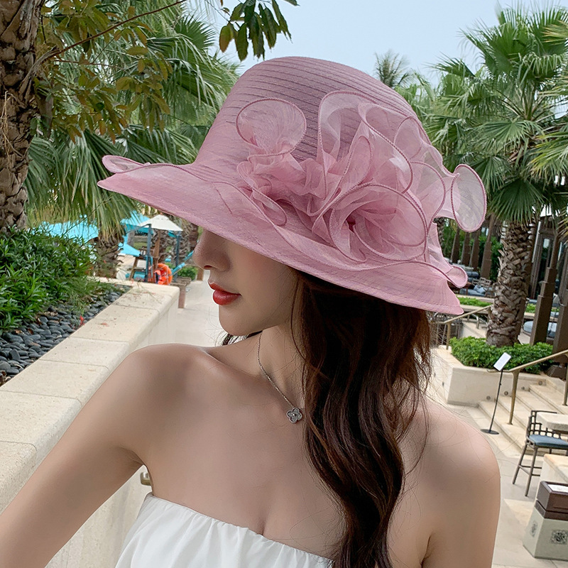 Summer New Women's Organza Flower Big Brim Beach Hat Outdoor Sun-Shade Sun Protection Travel Mesh Fisherman Hat