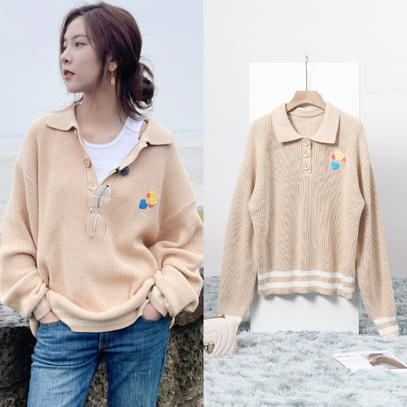 [现货]宋妍霏同款小鸭子爱心手勾刺绣针织衫长袖上衣慵懒风毛衣女
