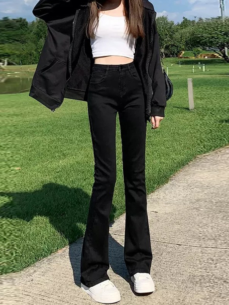 黑色微喇牛仔裤女春秋2024年新款网红修身高腰显瘦拖地马蹄喇叭裤