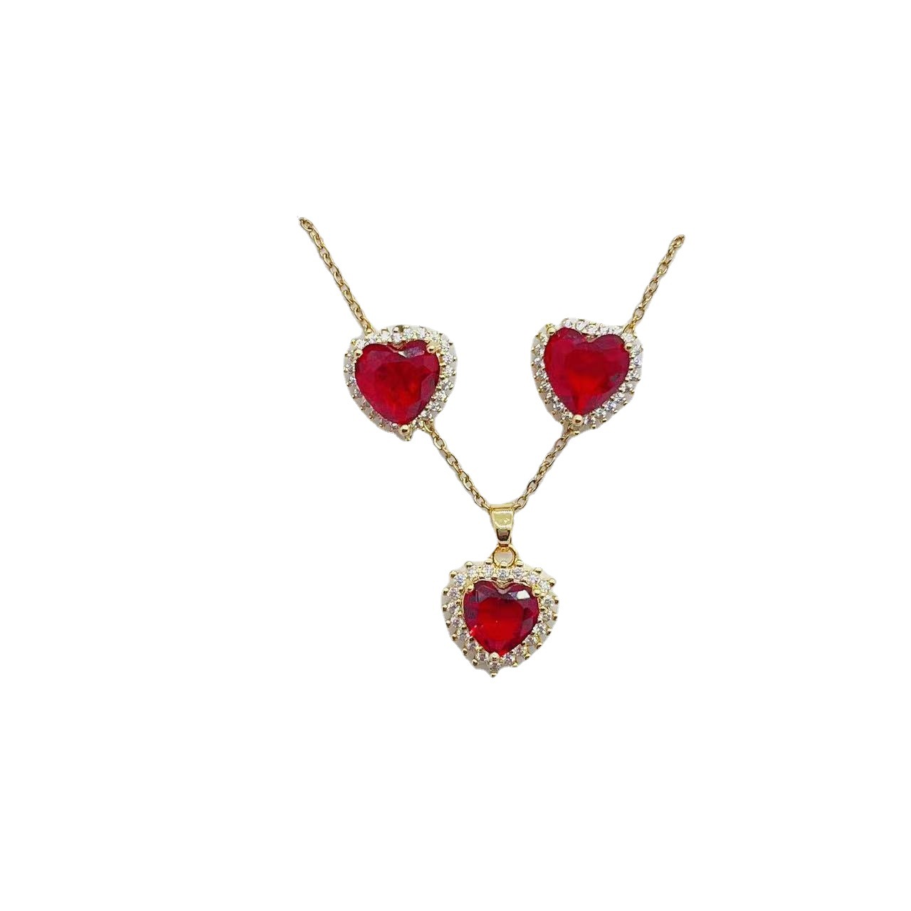 Europe and America Cross Border Copper Micro Inlaid Zircon Pink Red Blue Peach Heart Fashion Simple European and American Style Necklace Two-Piece Earrings Set