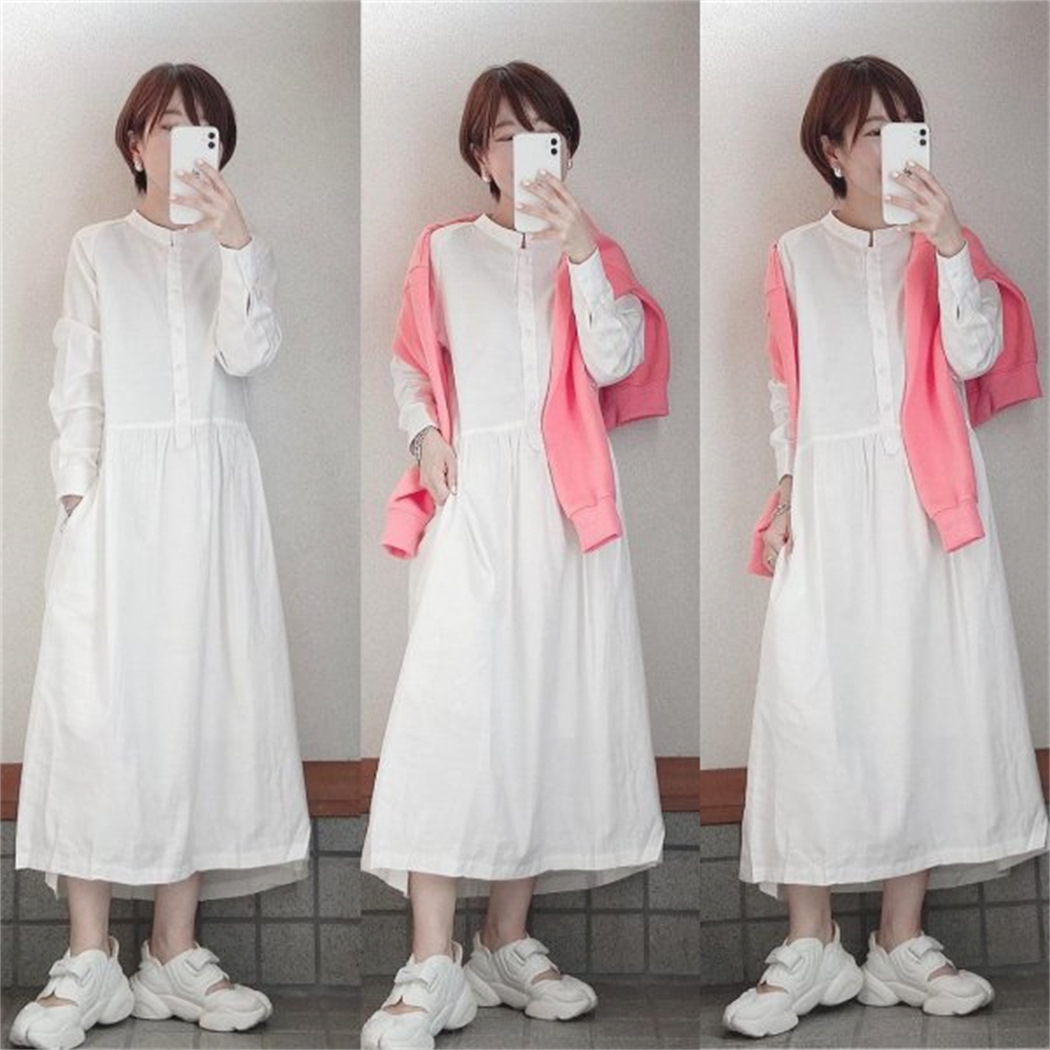 2022春季日韩乐天新款日系宽松显瘦立领中长款棉麻裙连衣裙