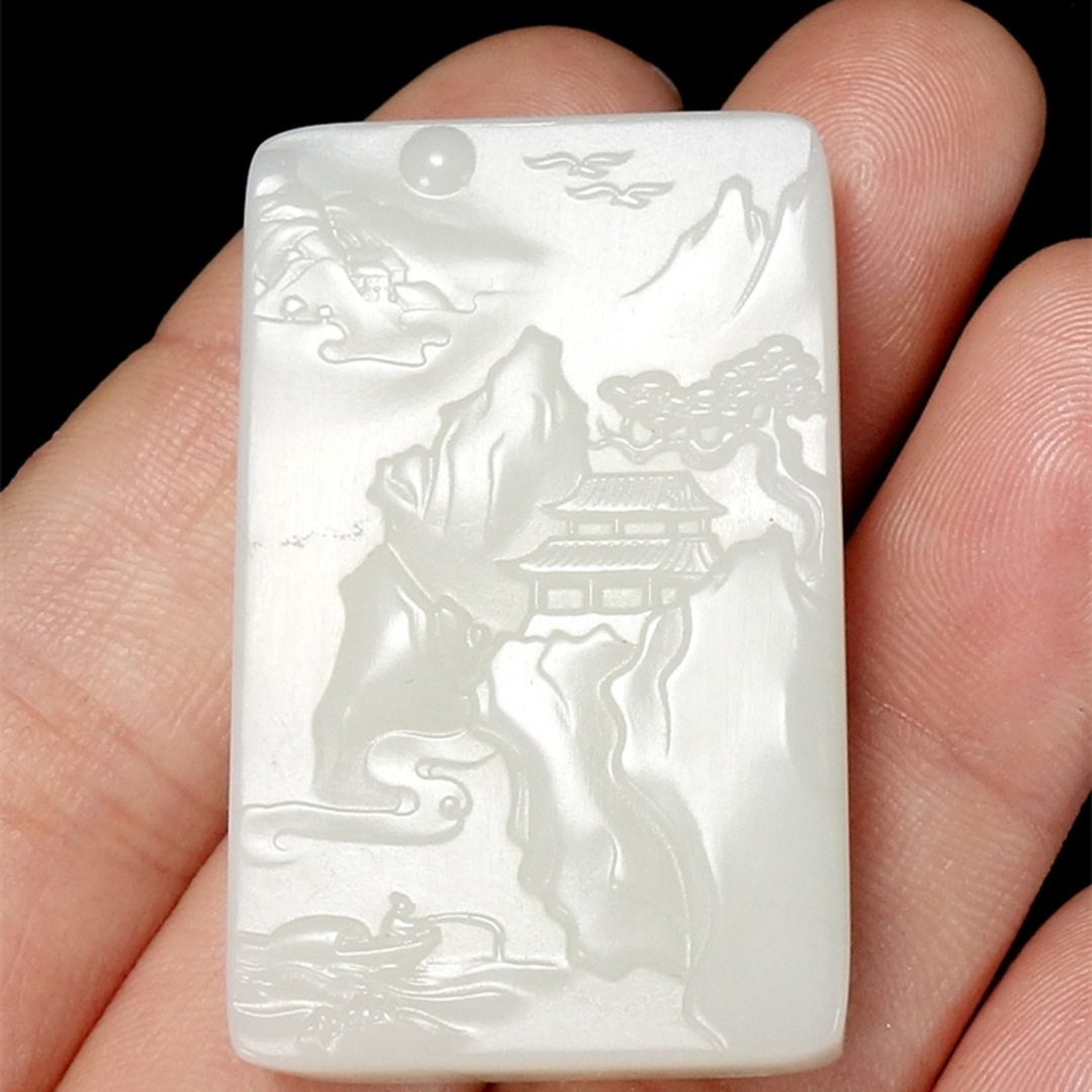 和田玉白玉山水画吊坠男女款平安无事牌玉坠男士玉牌山水与梦挂件