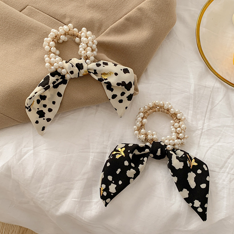 Korean Floral Ribbon Bowknot Headdress Internet Influencer Pearl Hair Band Hair Tie Female Hair Band Summer Hair-Binding Rubber Headband Head Rope