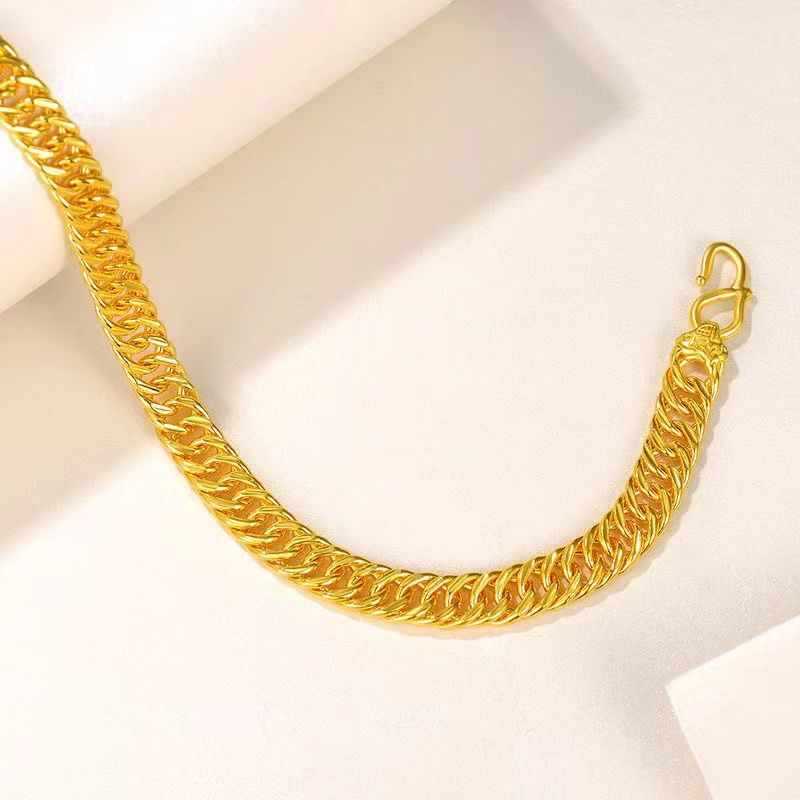 正品9999镀足真金手链男女新款时尚实心黄金色马鞭老板链宽面送礼