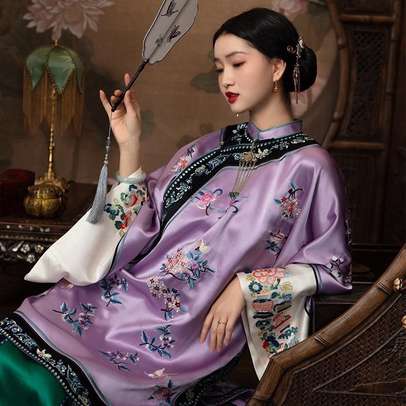 清代旗装贵妇可穿古董旗袍清汉女服上衣复刻中式复古汉服外套长袍-阿