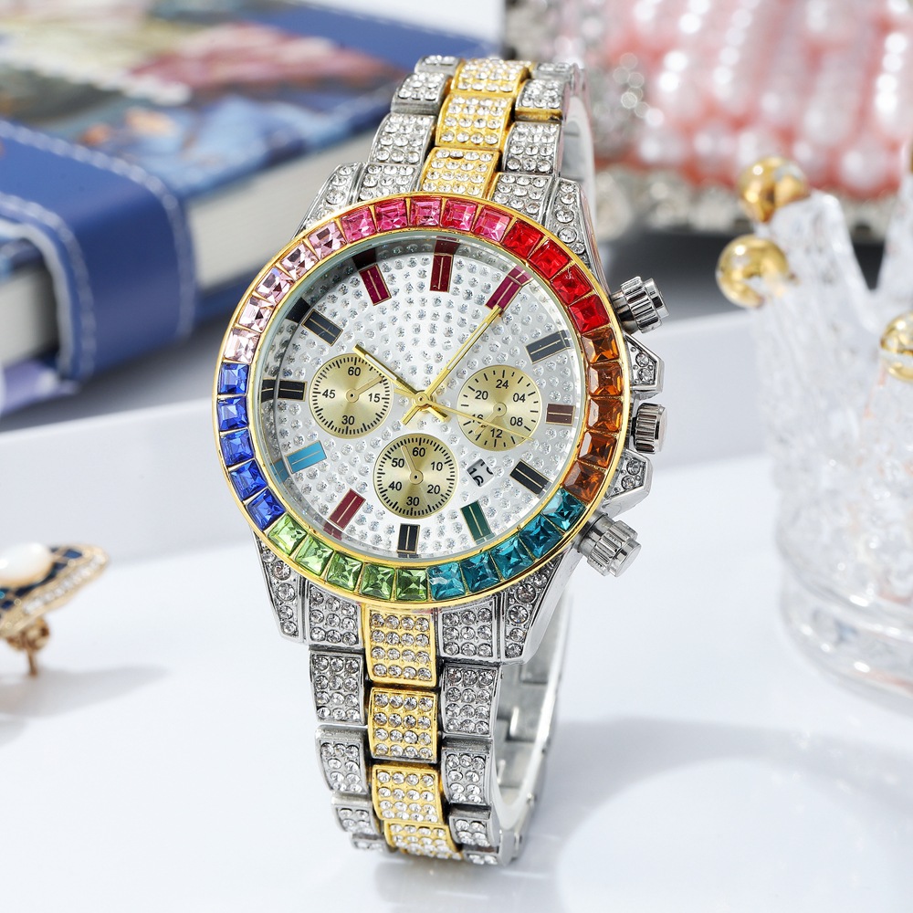 跨境新款 彩色水钻奢 华手表 时尚彩虹钉 日历钢带石英女表