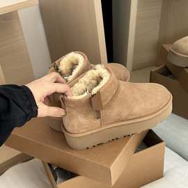 桑坡羊皮毛一体厚底侧拉链mini雪地靴女冬季加绒防寒保暖短筒棉鞋