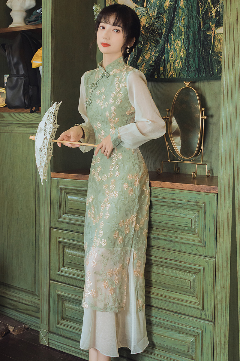 复古改良旗袍民国风长裙2021年春秋新款绣花蕾丝连衣裙超仙气裙子