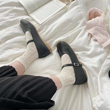 奶油法式镂空棉线中筒袜女透气提花少女棉柔软品质堆堆袜配小皮鞋