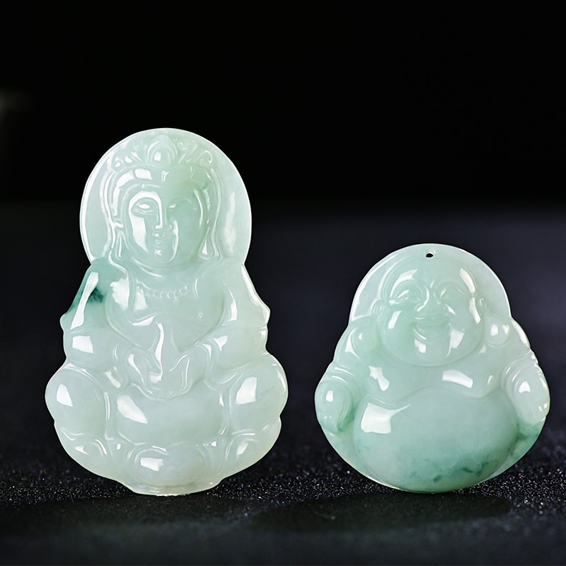 缅甸玉观音笑佛吊坠 冰糯种翡翠a货平安观音弥勒佛挂坠情侣玉牌
