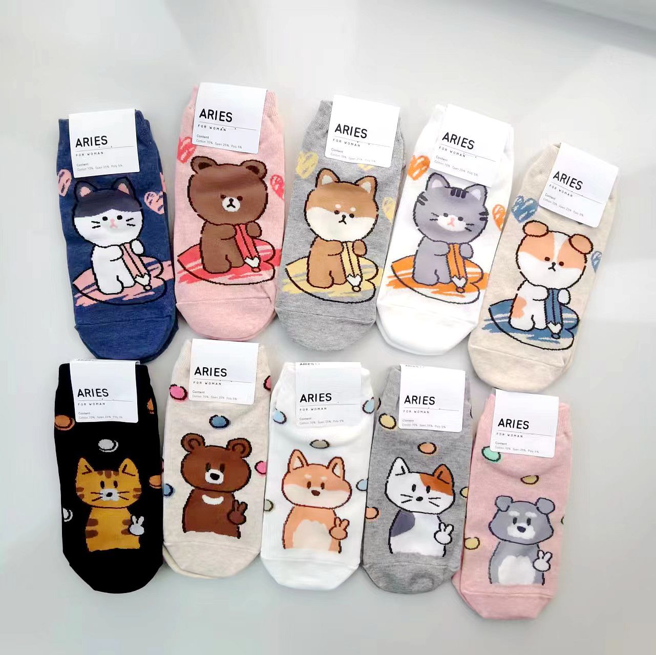跨境代发春薄棉女短袜卡通可爱动物猫咪低帮袜aries韩国袜子批发