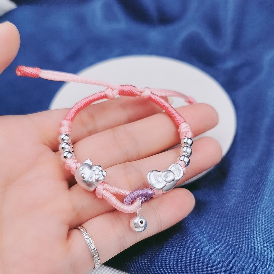 999纯银kt猫蝴蝶结铃铛转运珠手工编织手链女生生日礼物-阿里巴巴