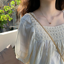 早春新款镂空短袖雪纺衬衫女设计感法式甜美方领锁骨上衣1525