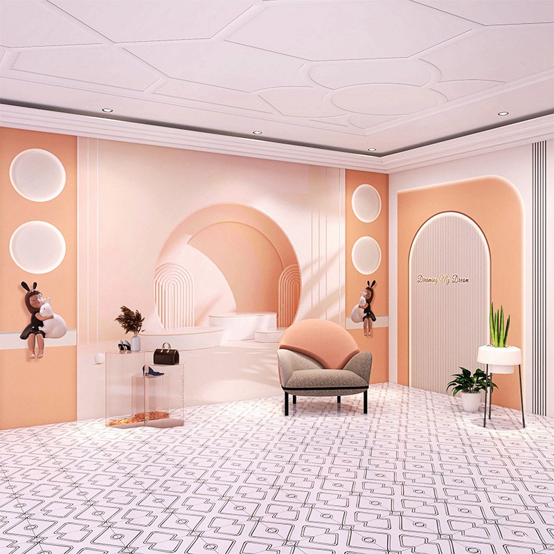 粉色墙纸3d立体舞蹈室美容院房间壁纸甜美风少女装直播间背景墙布
