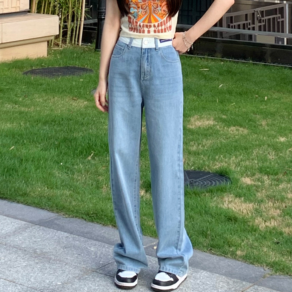高腰阔腿牛仔裤女夏装新款2022年宽松显瘦直筒裤口袋拼接长裤子女