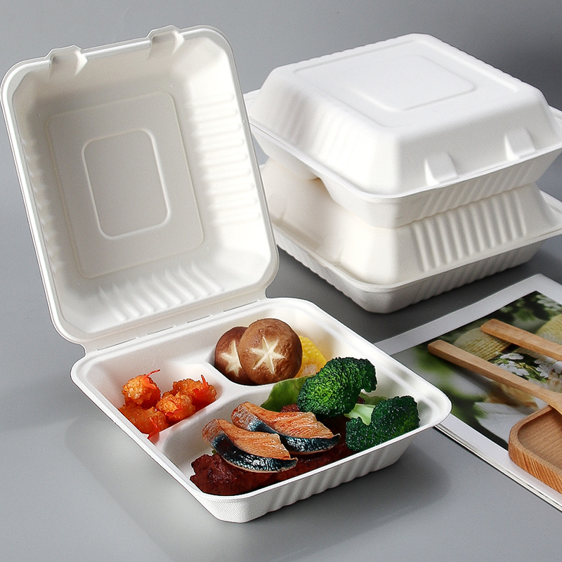 一次性餐盒外卖饭盒耐高温锁扣加厚纸质饭盒甘蔗渣单格三格打包盒