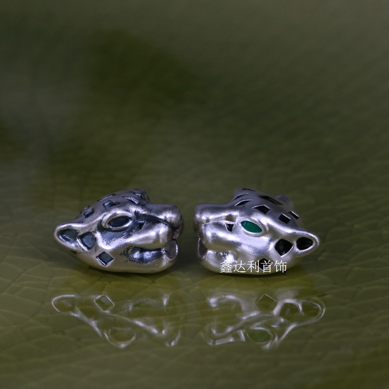 足银999豹头轻奢风时尚个性烤漆复古情侣礼物diy金钱豹银饰配件珠