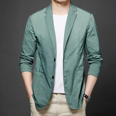 厂家直销休闲西装男修身型立体贴袋小领灰色单西轻薄防晒西服微皱