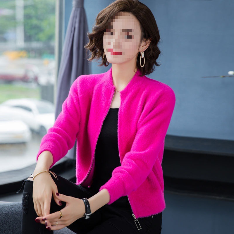 水貂绒毛衣外套女春秋季妈妈时尚针织衫拉链开衫短款外搭上衣爆款
