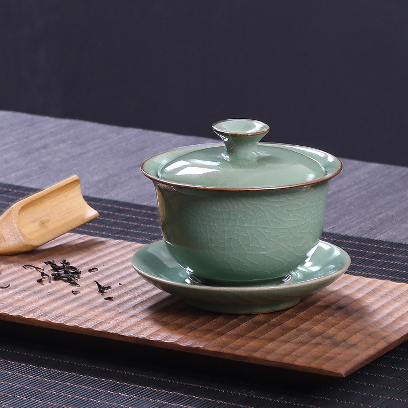 家用陶瓷杯三才盖碗泡茶客厅功夫茶具手抓碗茶杯青瓷哥窑复古茶碗