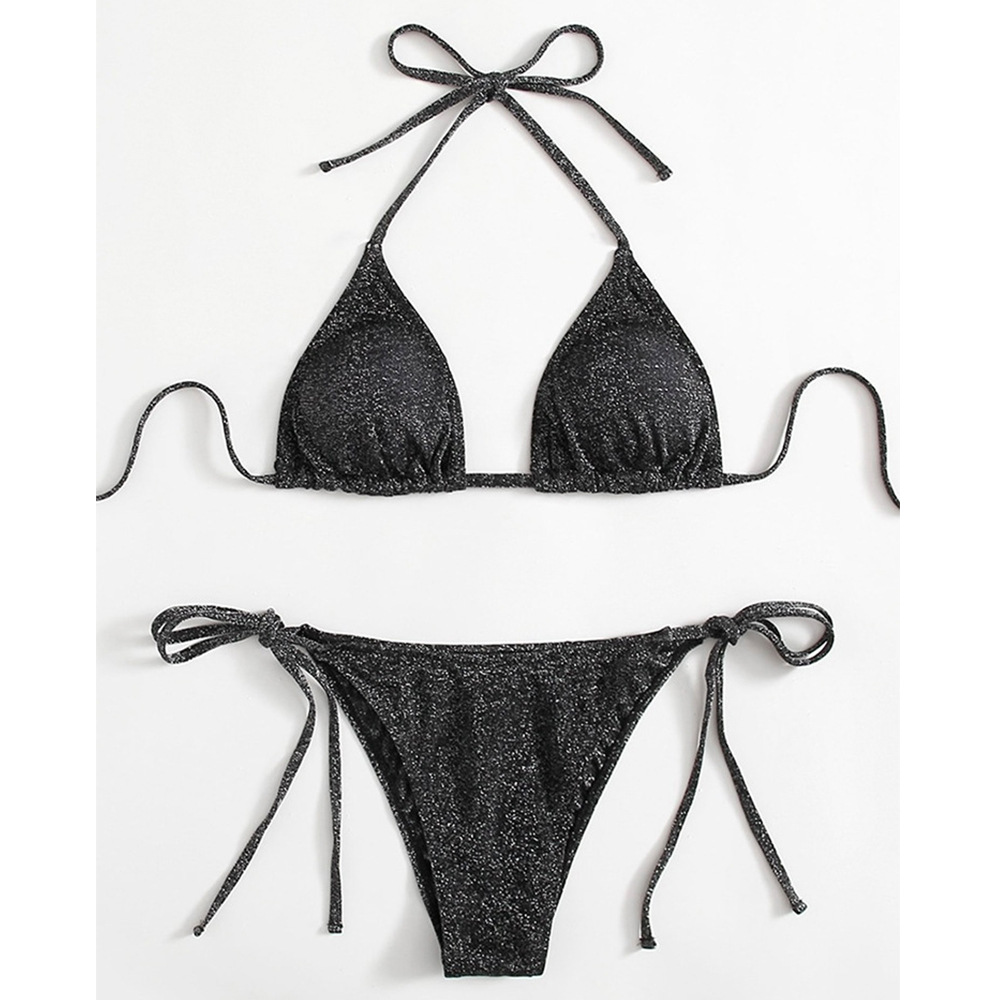 速卖通亚马逊独立站2021新款纯色亮丝性感分体比基尼欧美泳衣女