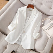 S萕3白色小西装女夏薄款2023新款夏天七分袖西服亚麻短款上衣