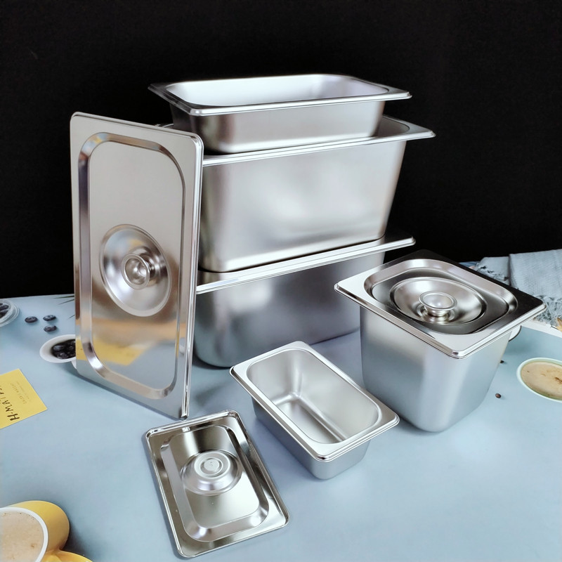 304 Stainless Steel Gastronorm Pan Canteen Buffet Basin with Lid Stainless Steel Square Basin Ice Cream Basin Rectangular Serving Plate