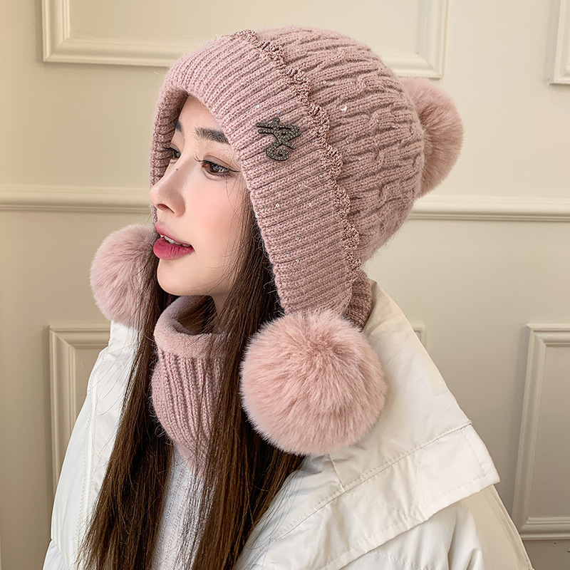 新款真兔毛冬季毛线帽女双层加绒加厚保暖针织帽子时尚三球护耳帽