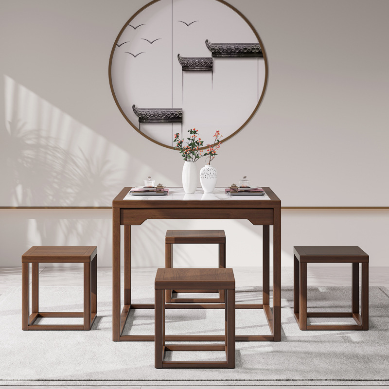 批发新中式实木四方桌黑胡桃木餐桌椅岩板餐桌小户型家用洽谈桌椅