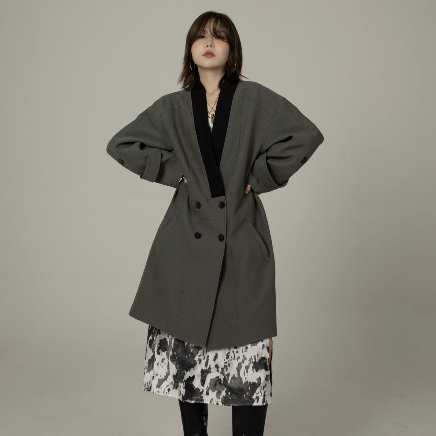 2021早秋新款欧美女装鸭蛋绿宽松长款过膝气质大外套双排扣风衣