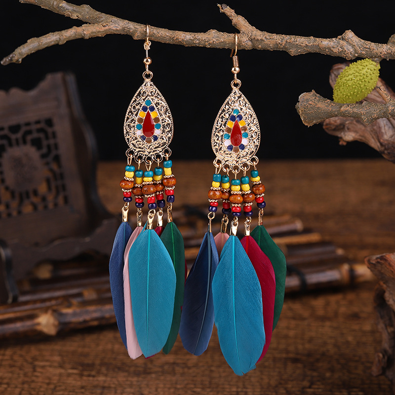 Multicolored Tassel Earrings European and American Water Drop Feather Earrings Women's Long Bohemian Tassel Earrings Earrings