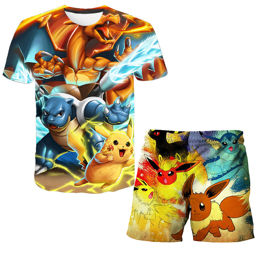 皮卡丘套装 2022新款潮流男装女装童装短袖t恤套装一件代发