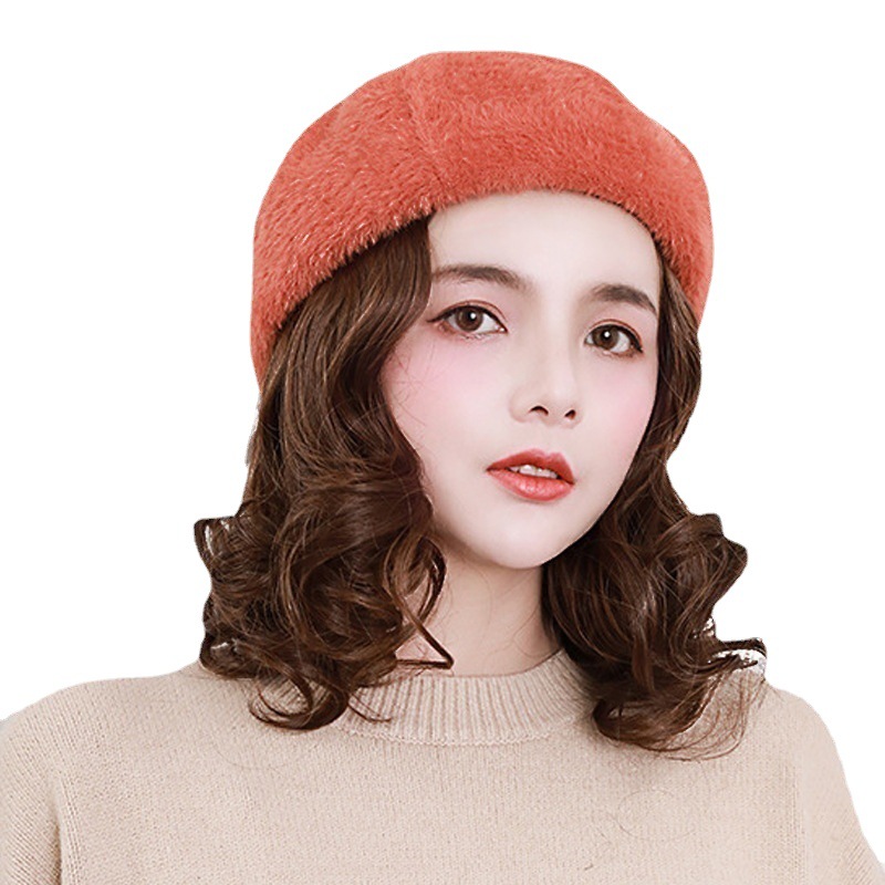 假发带帽子一体女短卷发秋冬天网红时尚连帽真发丝带假发的贝雷帽