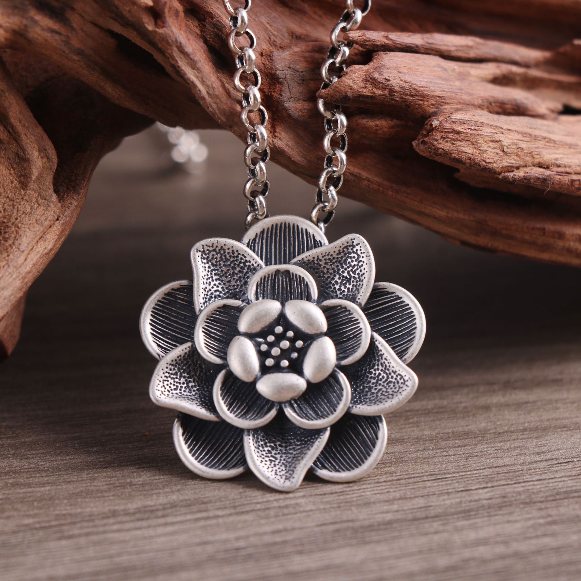 仿古系列银吊坠 足银990工厂直销个性文艺范纯银挂件立体花朵坠子