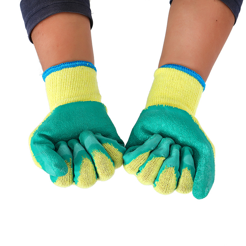 Labor Protection Gloves Wear-Resistant Yellow Yarn Green Cotton Latex Gloves Wrinkle Non-Slip Construction Site Work Protective Gloves Wholesale