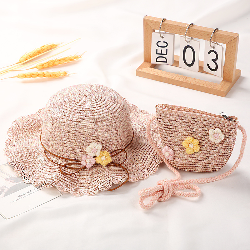 Summer Girls' Wool Flower Sun Protection Hat Children's Hat Bag Straw Hat Beach Hat Stall Children's Clothing Matching