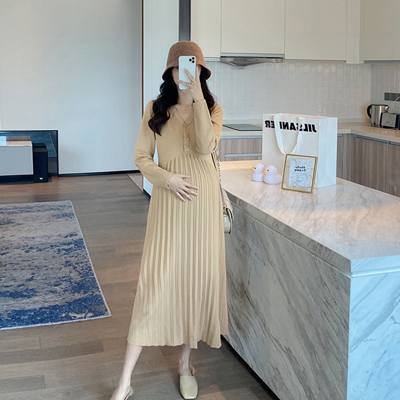 Maternity Dress 2023 Autumn and Winter New Pregnant Women's Knitting Dress Loose V-neck Bottoming Dress Sweater Mid-Length Pleated Skirt