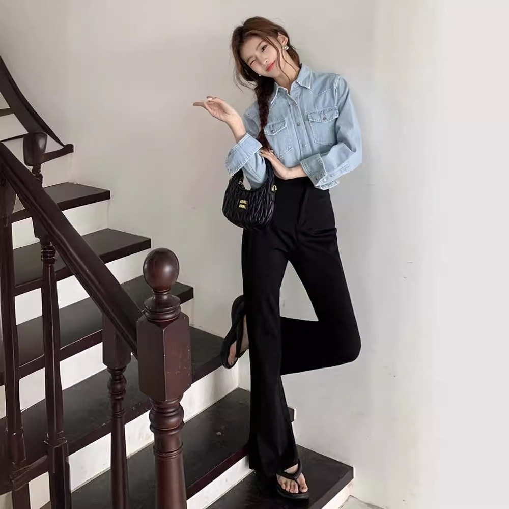 初觉 开叉微喇叭西装裤女秋冬2024新款高腰显瘦直筒休闲长裤黑