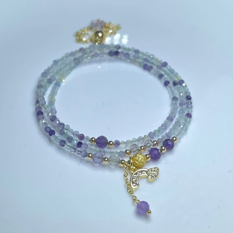 天然水晶珠宝 紫水晶 七彩彩虹萤石切面三圈抽拉式手链-阿里巴巴