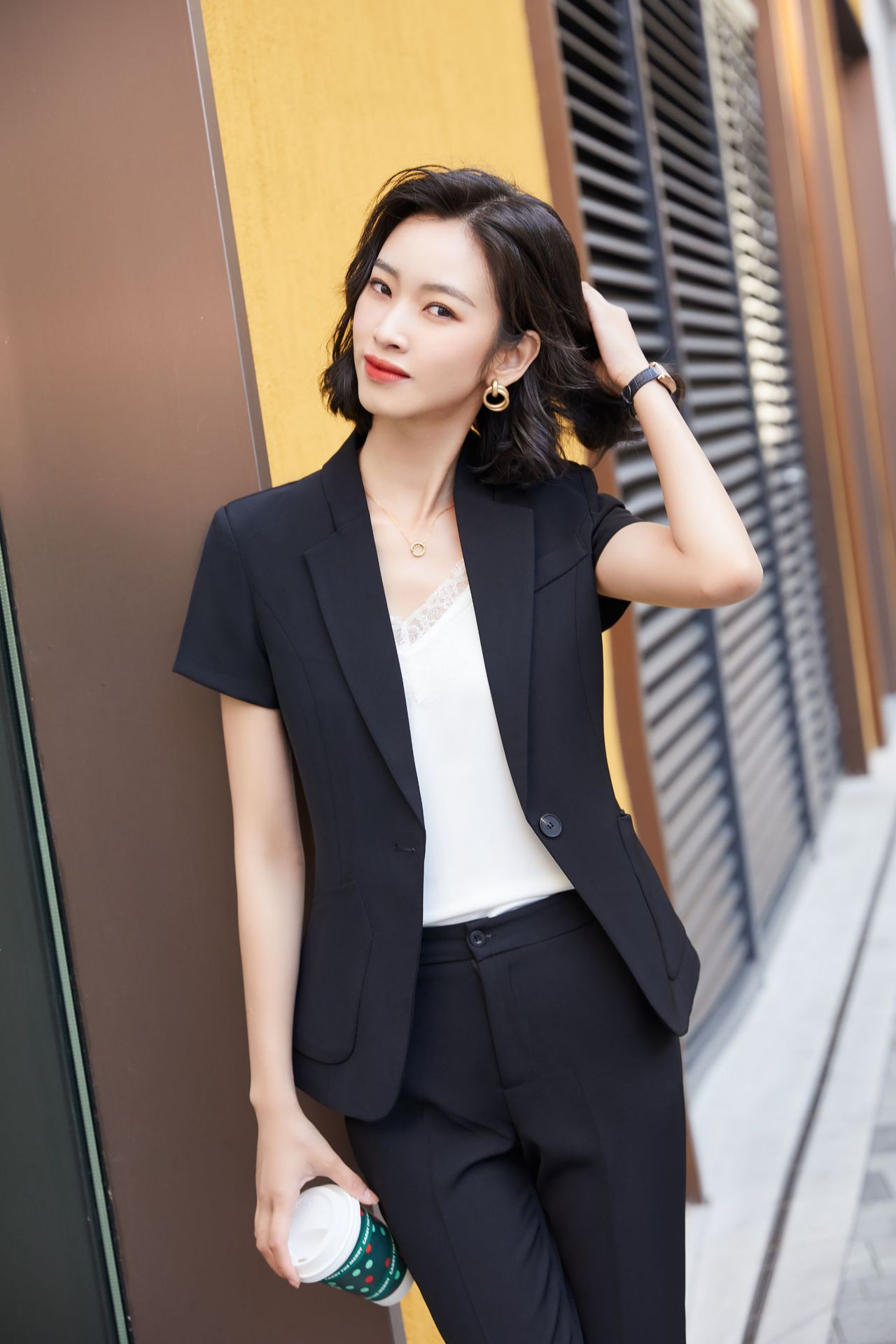 夏季新款职业短袖套装女正装美容师酒店前台餐厅服务员工作服套裤